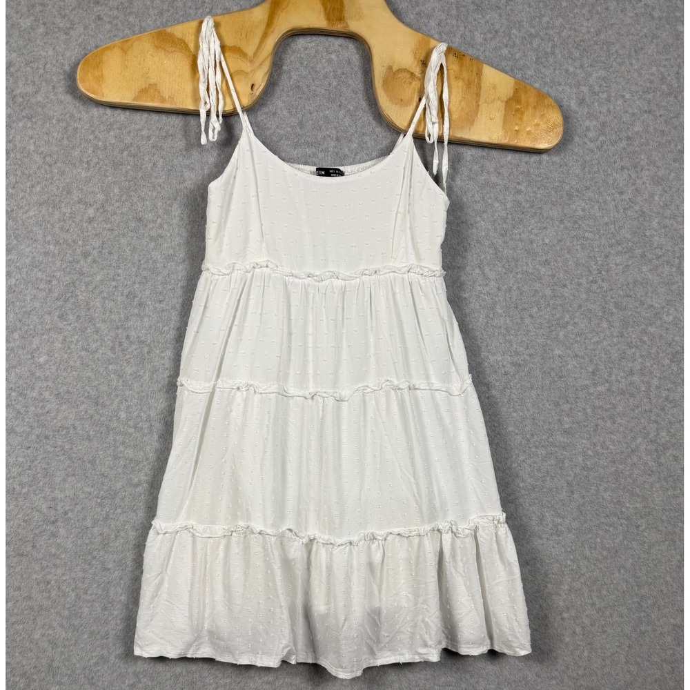 SHEIN Tiered Mini Dress Womens Small White Swiss Dot Tie Shoulder Smocked